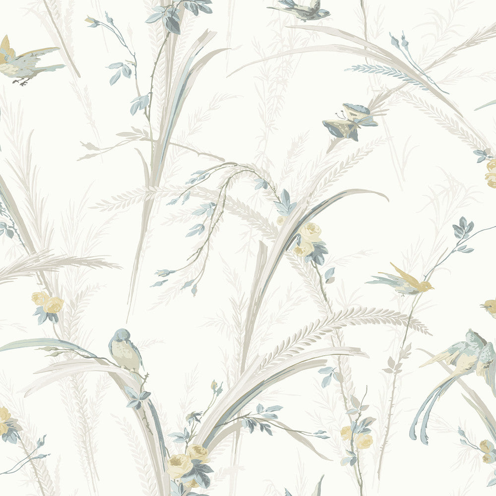 Meadowlark Light Grey Botanical Wallpaper by Chesapeake Kindred Covers about 56.4 square feet 20.5-in by 33-ft long roll Prepasted 20.5 - Fabric Carolina -