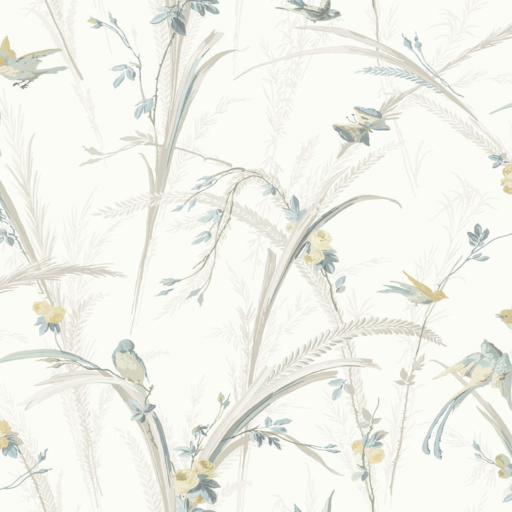 Meadowlark Light Grey Botanical Wallpaper by Chesapeake Kindred Covers about 56.4 square feet 20.5-in by 33-ft long roll Prepasted 20.5 - Fabric Carolina -