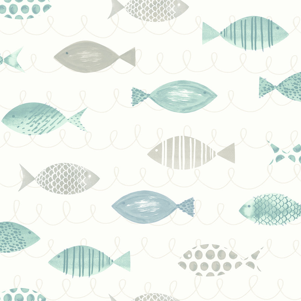 Key Teal Sea Fish Wallpaper by Chesapeake Sanibel Covers about 56.4 square feet 20.5-in by 33-ft long roll Prepasted 20.5 - Fabric Carolina -