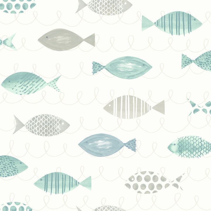 Key Teal Sea Fish Wallpaper by Chesapeake Sanibel Covers about 56.4 square feet 20.5-in by 33-ft long roll Prepasted 20.5 - Fabric Carolina -