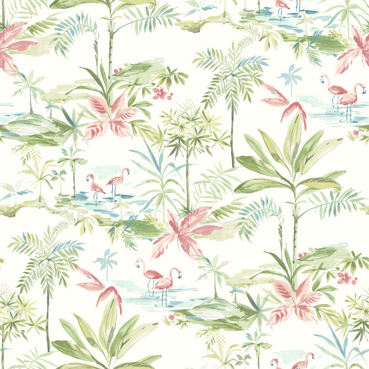 Lagoon Green Scenic Island Wallpaper by Chesapeake Sanibel Covers about 56.4 square feet 20.5-in by 33-ft long roll Prepasted 20.5 - Fabric Carolina -