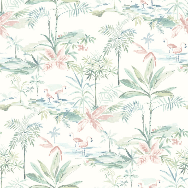 Lagoon Teal Scenic Island Wallpaper by Chesapeake Sanibel Covers about 56.4 square feet 20.5-in by 33-ft long roll Prepasted 20.5 - Fabric Carolina -