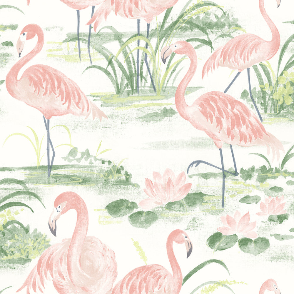 Everglades Coral Flamingos Wallpaper by Chesapeake Sanibel Covers about 56.4 square feet 20.5-in by 33-ft long roll Prepasted 20.5 - Fabric Carolina -