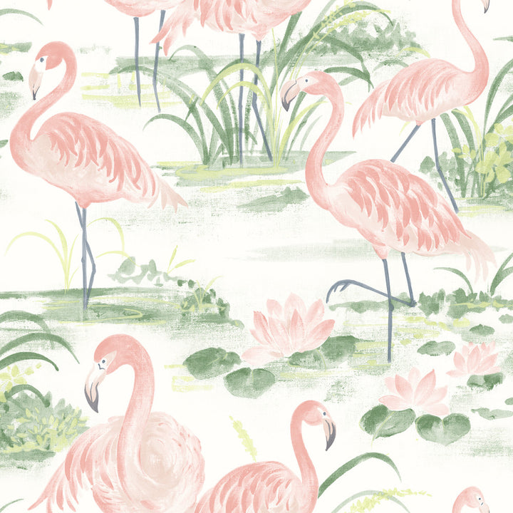 Everglades Coral Flamingos Wallpaper by Chesapeake Sanibel Covers about 56.4 square feet 20.5-in by 33-ft long roll Prepasted 20.5 - Fabric Carolina -