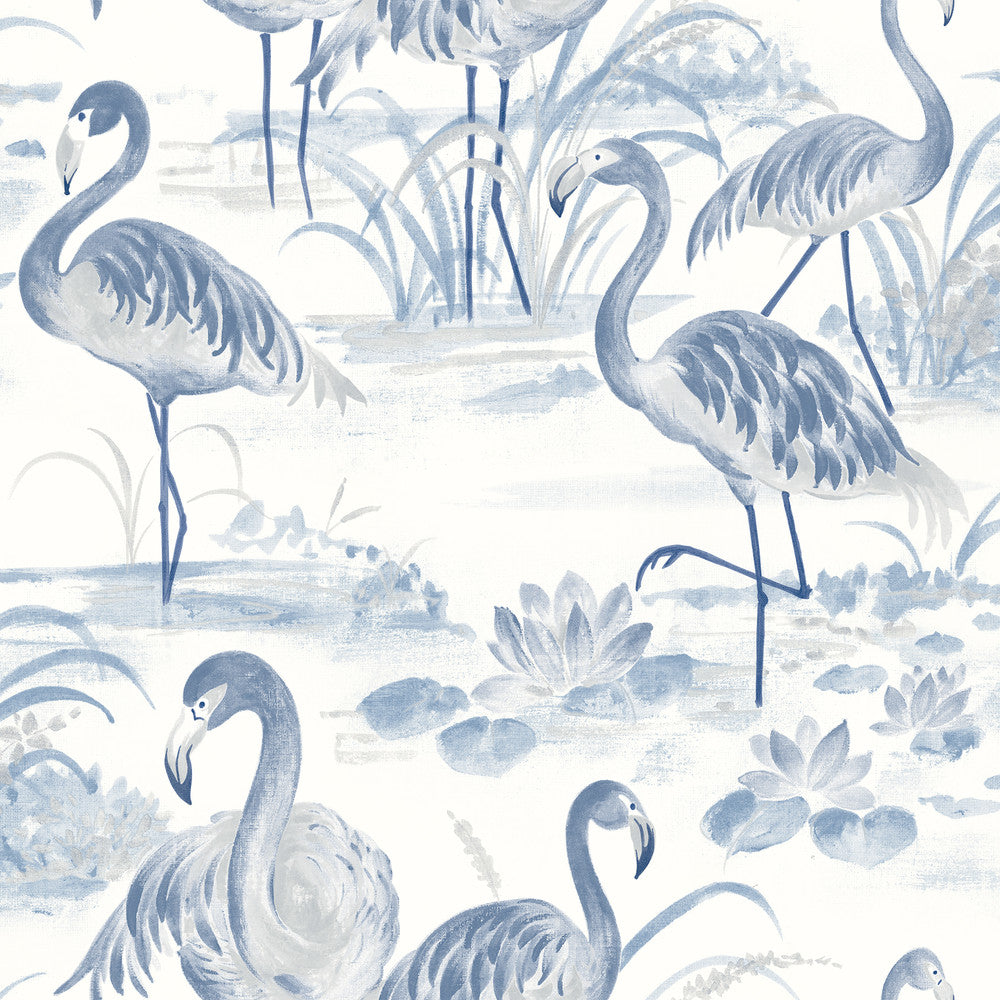 Everglades Blue Flamingos Wallpaper by Chesapeake Sanibel Covers about 56.4 square feet 20.5-in by 33-ft long roll Prepasted 20.5 - Fabric Carolina -