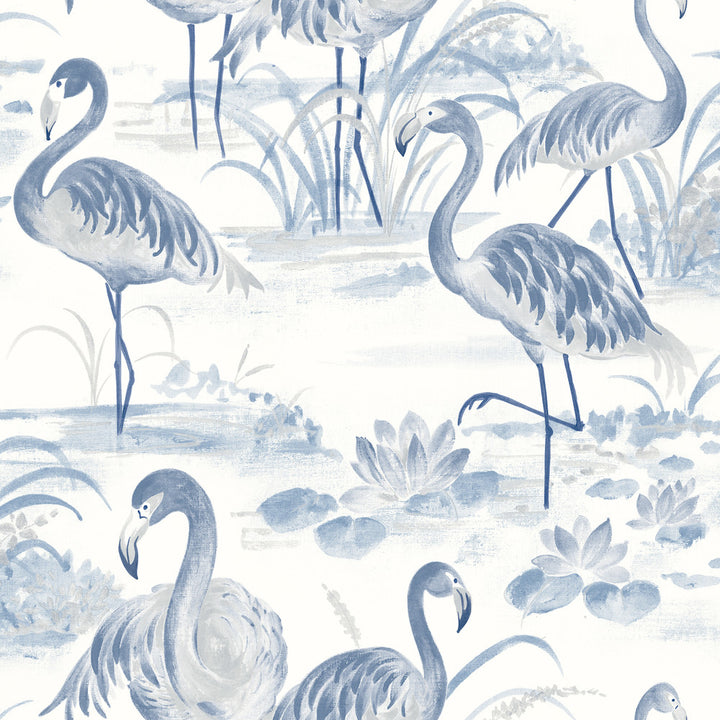 Everglades Blue Flamingos Wallpaper by Chesapeake Sanibel Covers about 56.4 square feet 20.5-in by 33-ft long roll Prepasted 20.5 - Fabric Carolina -