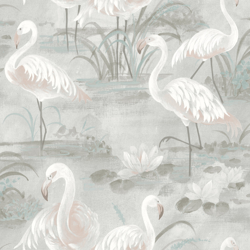 Everglades Grey Flamingos Wallpaper by Chesapeake Sanibel Covers about 56.4 square feet 20.5-in by 33-ft long roll Prepasted 20.5 - Fabric Carolina -