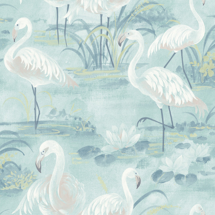 Everglades Aqua Flamingos Wallpaper by Chesapeake Sanibel Covers about 56.4 square feet 20.5-in by 33-ft long roll Prepasted 20.5 - Fabric Carolina -