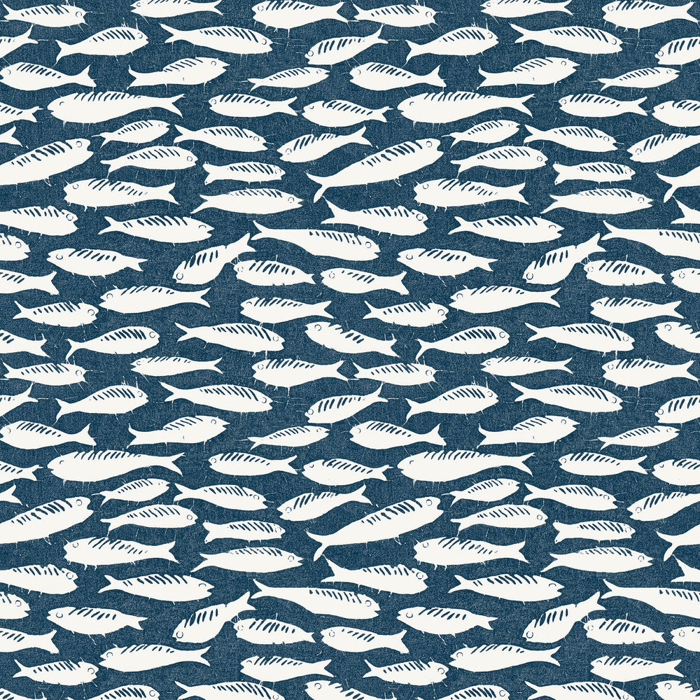Nunkie Navy Sardine Wallpaper by Chesapeake Flora & Fauna Covers about 56.4 square feet 20.5-in by 33-ft long roll Prepasted 10.5 - Fabric Carolina -