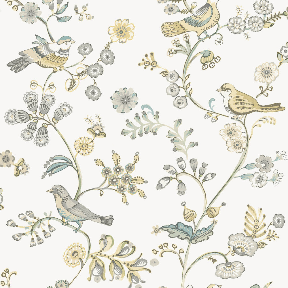Jinjur Light Yellow Bird Trail Wallpaper by Chesapeake Flora & Fauna Covers about 56.4 square feet 20.5-in by 33-ft long roll Prepasted 10.5 - Fabric Carolina -