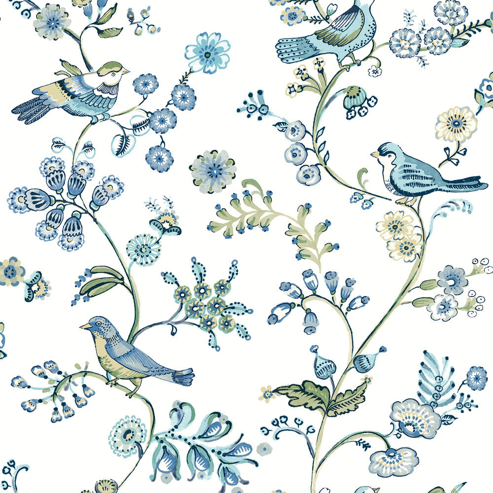 Jinjur Teal Bird Trail Wallpaper by Chesapeake Flora & Fauna Covers about 56.4 square feet 20.5-in by 33-ft long roll Prepasted 10.5 - Fabric Carolina -