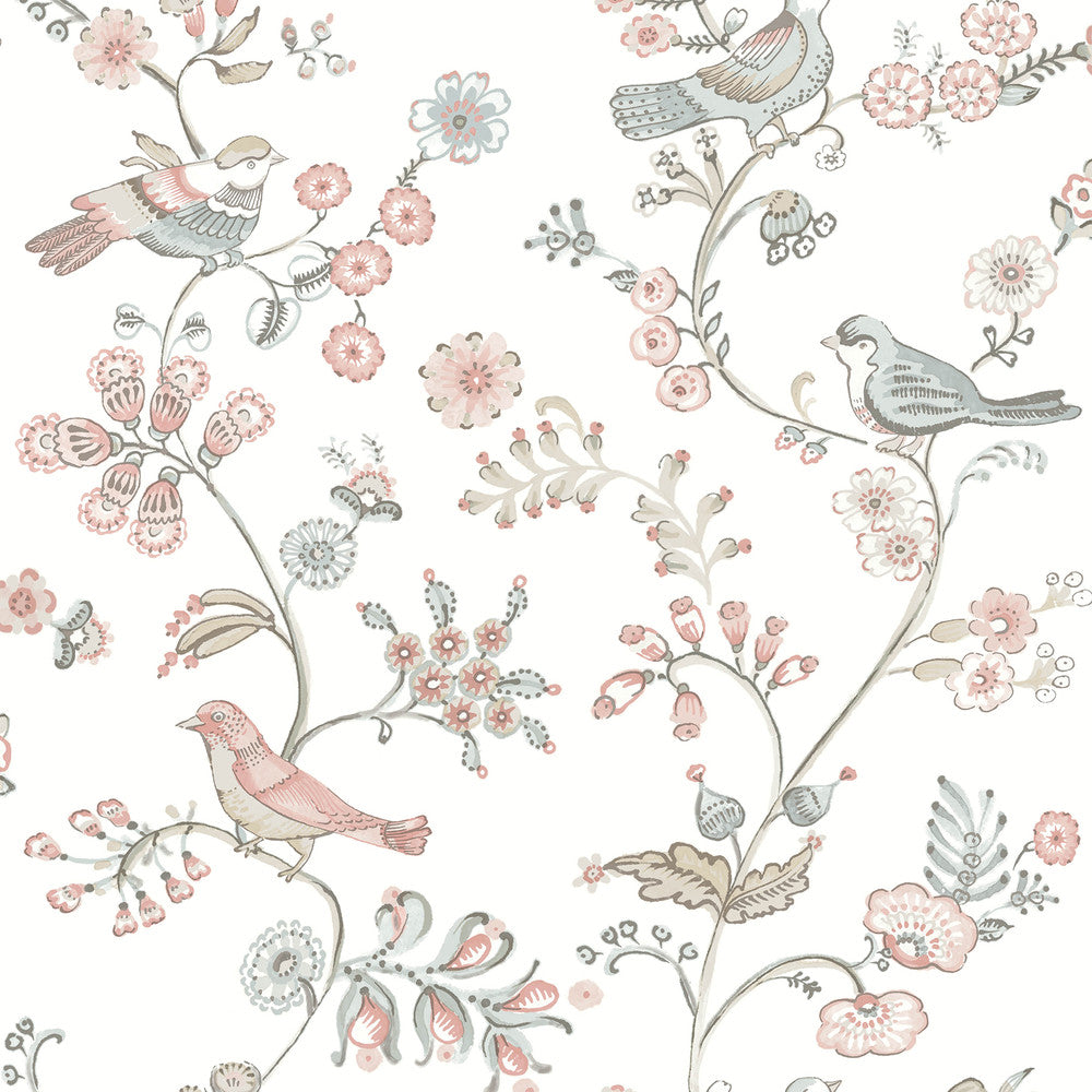 Jinjur Blush Bird Trail Wallpaper by Chesapeake Flora & Fauna Covers about 56.4 square feet 20.5-in by 33-ft long roll Prepasted 10.5 - Fabric Carolina -