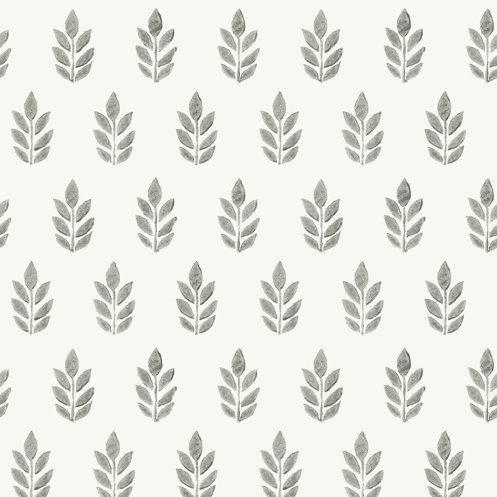Ervic Charcoal Leaf Block Print Wallpaper by Chesapeake Flora & Fauna Covers about 56.4 square feet 20.5-in by 33-ft long roll Prepasted 7 - Fabric Carolina -