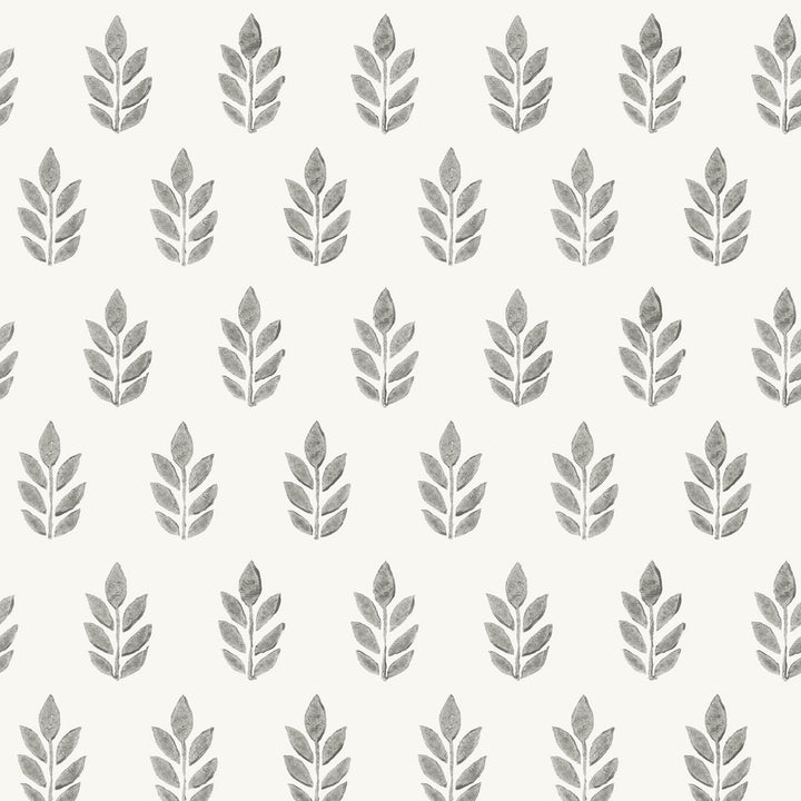 Ervic Charcoal Leaf Block Print Wallpaper by Chesapeake Flora & Fauna Covers about 56.4 square feet 20.5-in by 33-ft long roll Prepasted 7 - Fabric Carolina -