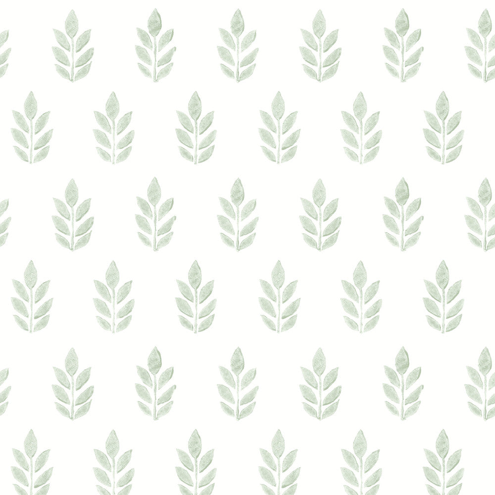 Ervic Green Leaf Block Print Wallpaper by Chesapeake Flora & Fauna Covers about 56.4 square feet 20.5-in by 33-ft long roll Prepasted 7 - Fabric Carolina -