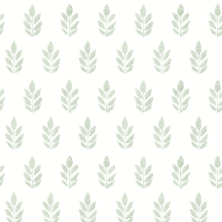 Ervic Green Leaf Block Print Wallpaper by Chesapeake Flora & Fauna Covers about 56.4 square feet 20.5-in by 33-ft long roll Prepasted 7 - Fabric Carolina -