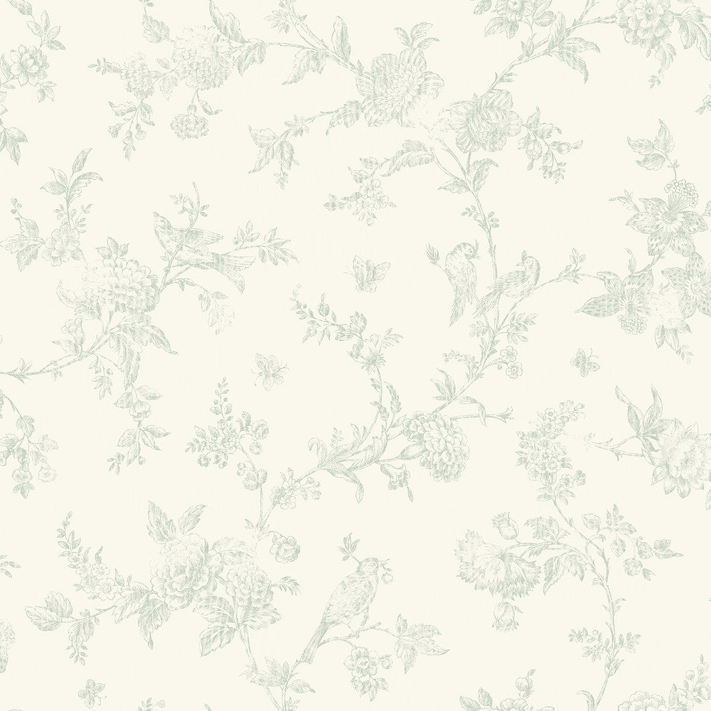 French Nightingale Seafoam Trail Wallpaper by Chesapeake Homestead Covers about 56.4 square feet 20.5-in by 33-ft long roll Prepasted 20.5 - Fabric Carolina -