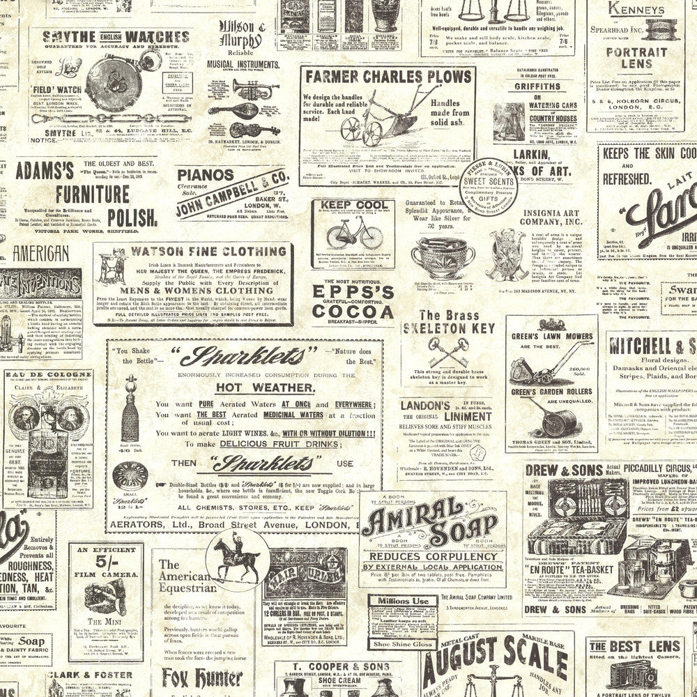 Adamstown Cream Newspaper Classifieds Wallpaper by Chesapeake Homestead Covers about 56.4 square feet 20.5-in by 33-ft long roll Prepasted 0 - Fabric Carolina -