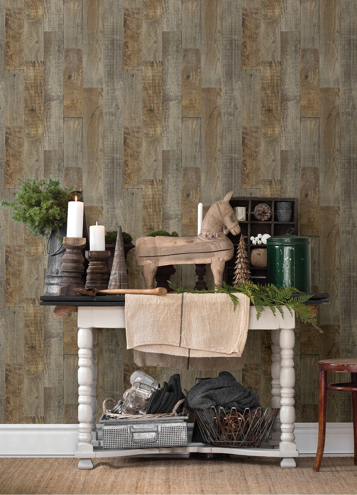 Chebacco Brown Wood Planks Wallpaper by Chesapeake Designer