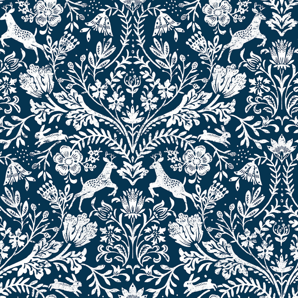 Forest Dance Navy Damask Wallpaper by Chesapeake Thoreau Covers about 56.4 square feet 20.5-in by 33-ft long roll Prepasted 20.5 - Fabric Carolina -