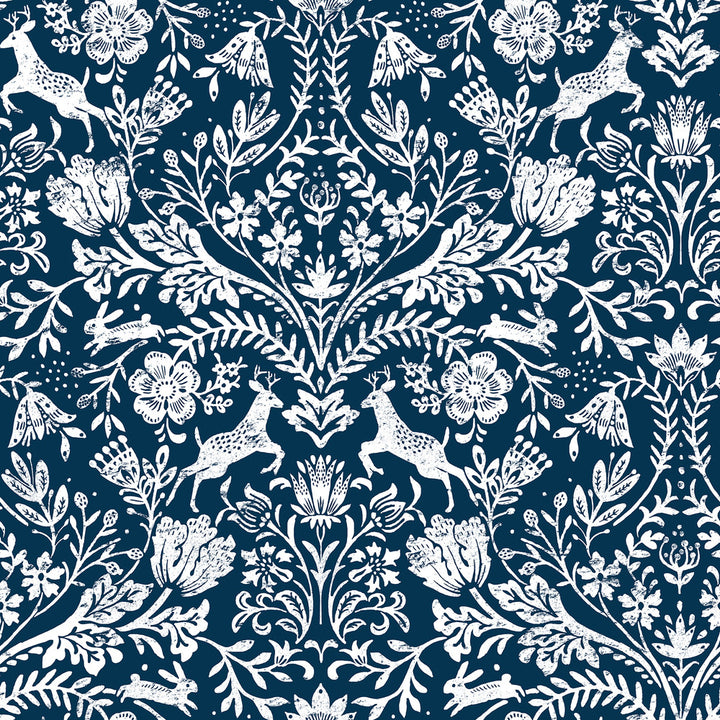 Forest Dance Navy Damask Wallpaper by Chesapeake Thoreau Covers about 56.4 square feet 20.5-in by 33-ft long roll Prepasted 20.5 - Fabric Carolina -