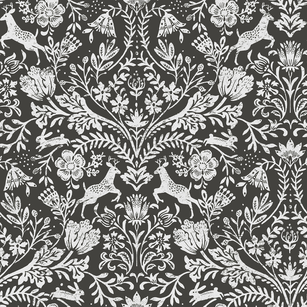 Forest Dance Charcoal Damask Wallpaper by Chesapeake Thoreau Covers about 56.4 square feet 20.5-in by 33-ft long roll Prepasted 20.5 - Fabric Carolina -
