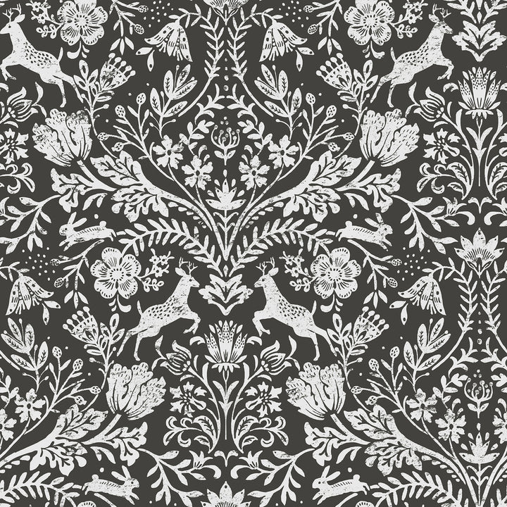 Forest Dance Charcoal Damask Wallpaper by Chesapeake Thoreau Covers about 56.4 square feet 20.5-in by 33-ft long roll Prepasted 20.5 - Fabric Carolina -
