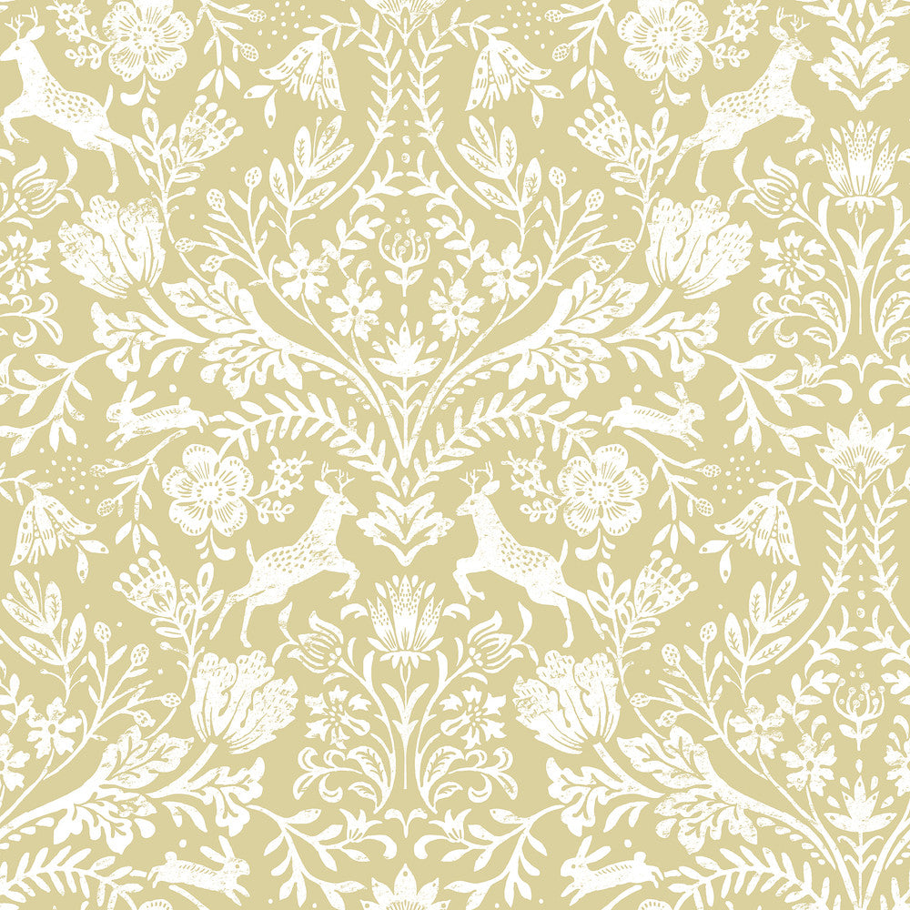 Forest Dance Honey Damask Wallpaper by Chesapeake Thoreau Covers about 56.4 square feet 20.5-in by 33-ft long roll Prepasted 20.5 - Fabric Carolina -