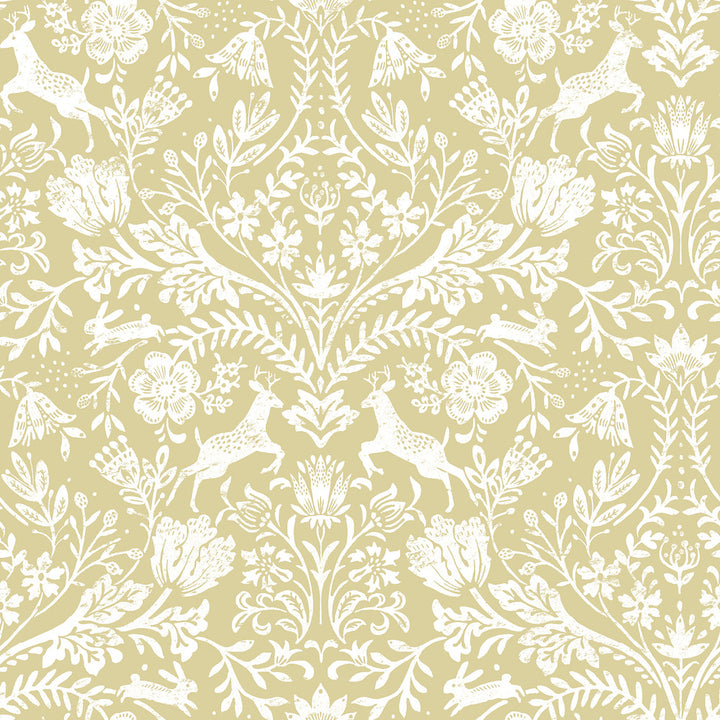 Forest Dance Honey Damask Wallpaper by Chesapeake Thoreau Covers about 56.4 square feet 20.5-in by 33-ft long roll Prepasted 20.5 - Fabric Carolina -