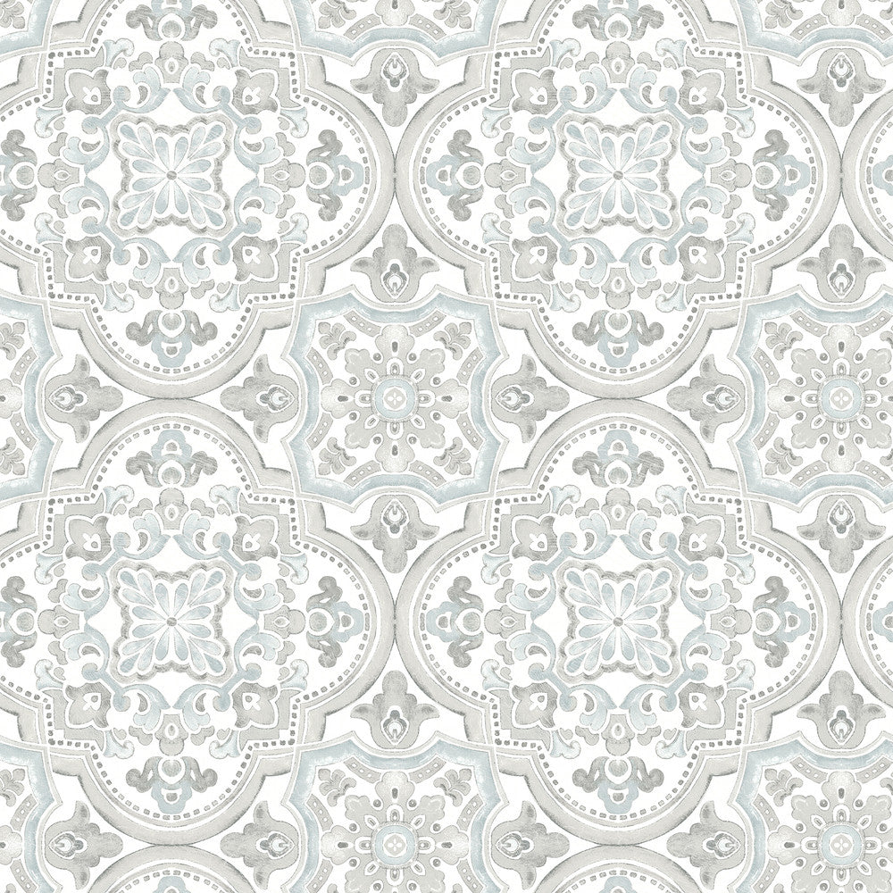 Concord Aqua Medallion Wallpaper by Chesapeake Thoreau Covers about 56.4 square feet 20.5-in by 33-ft long roll Prepasted 10.25 - Fabric Carolina -