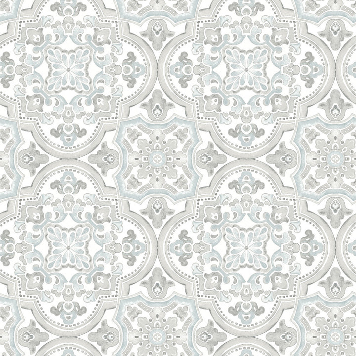 Concord Aqua Medallion Wallpaper by Chesapeake Thoreau Covers about 56.4 square feet 20.5-in by 33-ft long roll Prepasted 10.25 - Fabric Carolina -