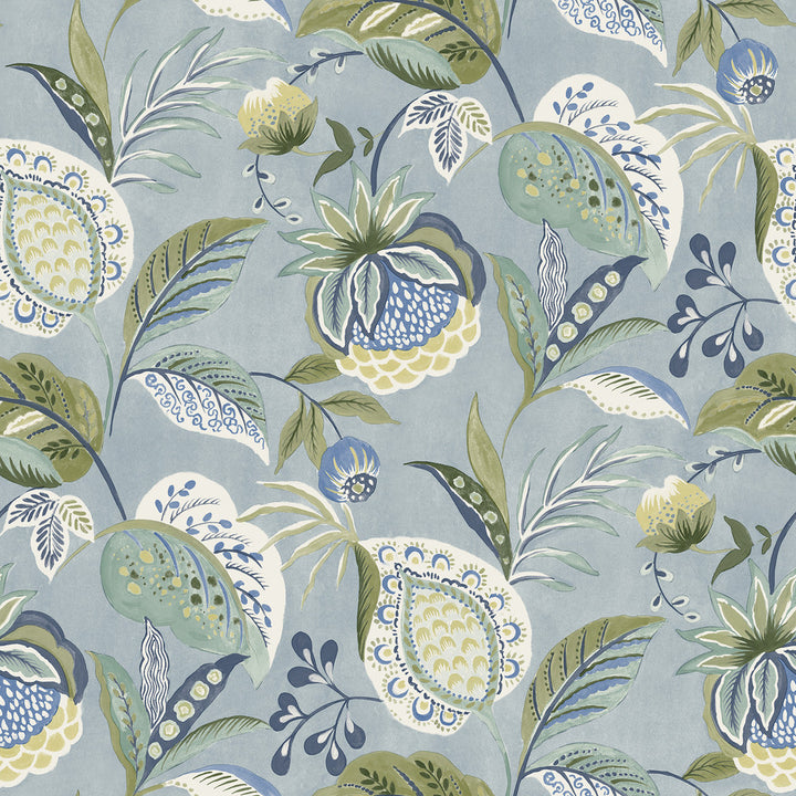 Bohemian Blue Jacobean Wallpaper by Chesapeake Kinfolk Covers about 56.4 square feet 20.5-in by 33-ft long roll Prepasted 20.5 - Fabric Carolina -