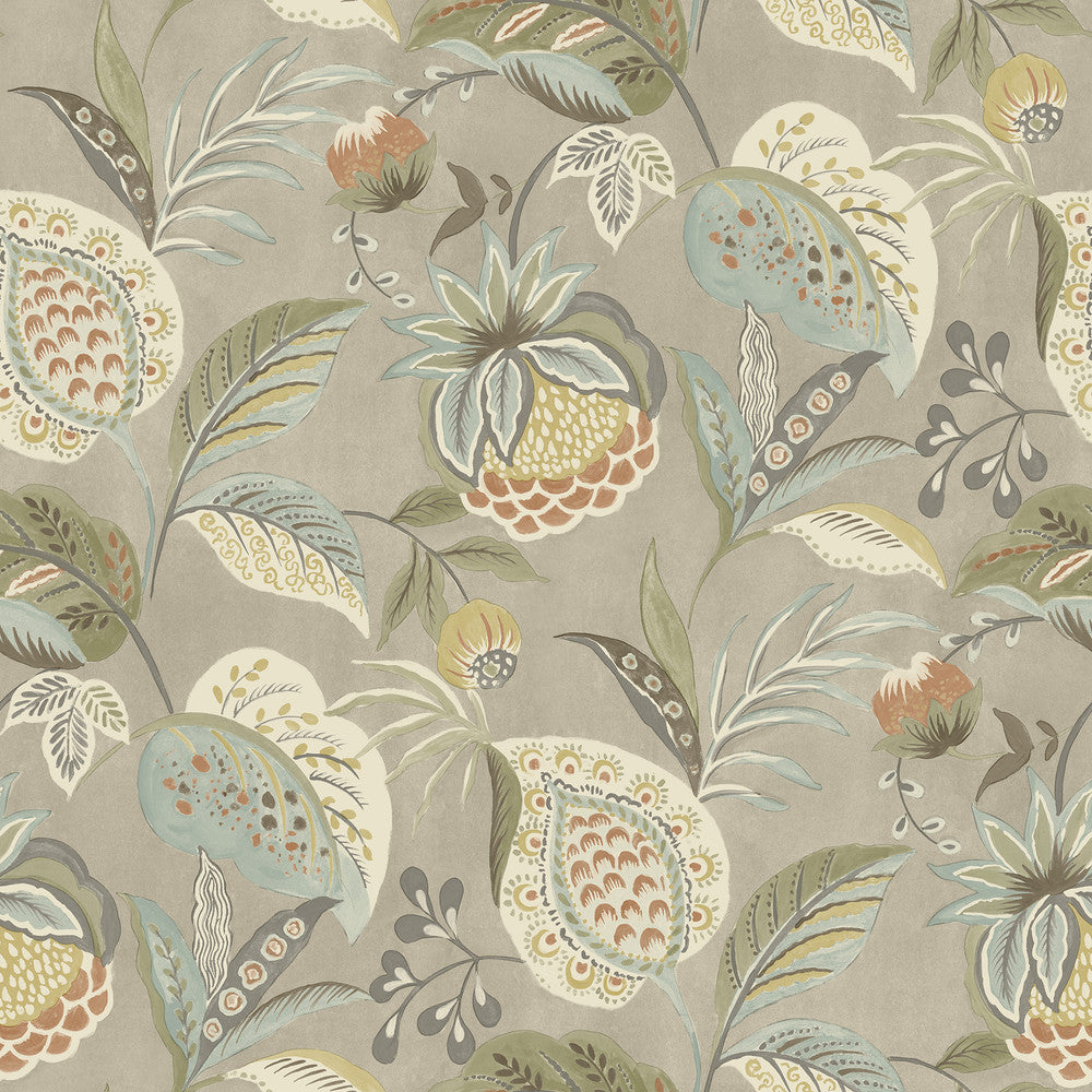 Bohemian Taupe Jacobean Wallpaper by Chesapeake Kinfolk Covers about 56.4 square feet 20.5-in by 33-ft long roll Prepasted 20.5 - Fabric Carolina -