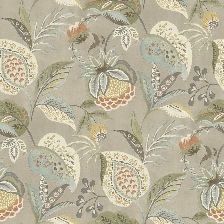 Bohemian Taupe Jacobean Wallpaper by Chesapeake Kinfolk Covers about 56.4 square feet 20.5-in by 33-ft long roll Prepasted 20.5 - Fabric Carolina -