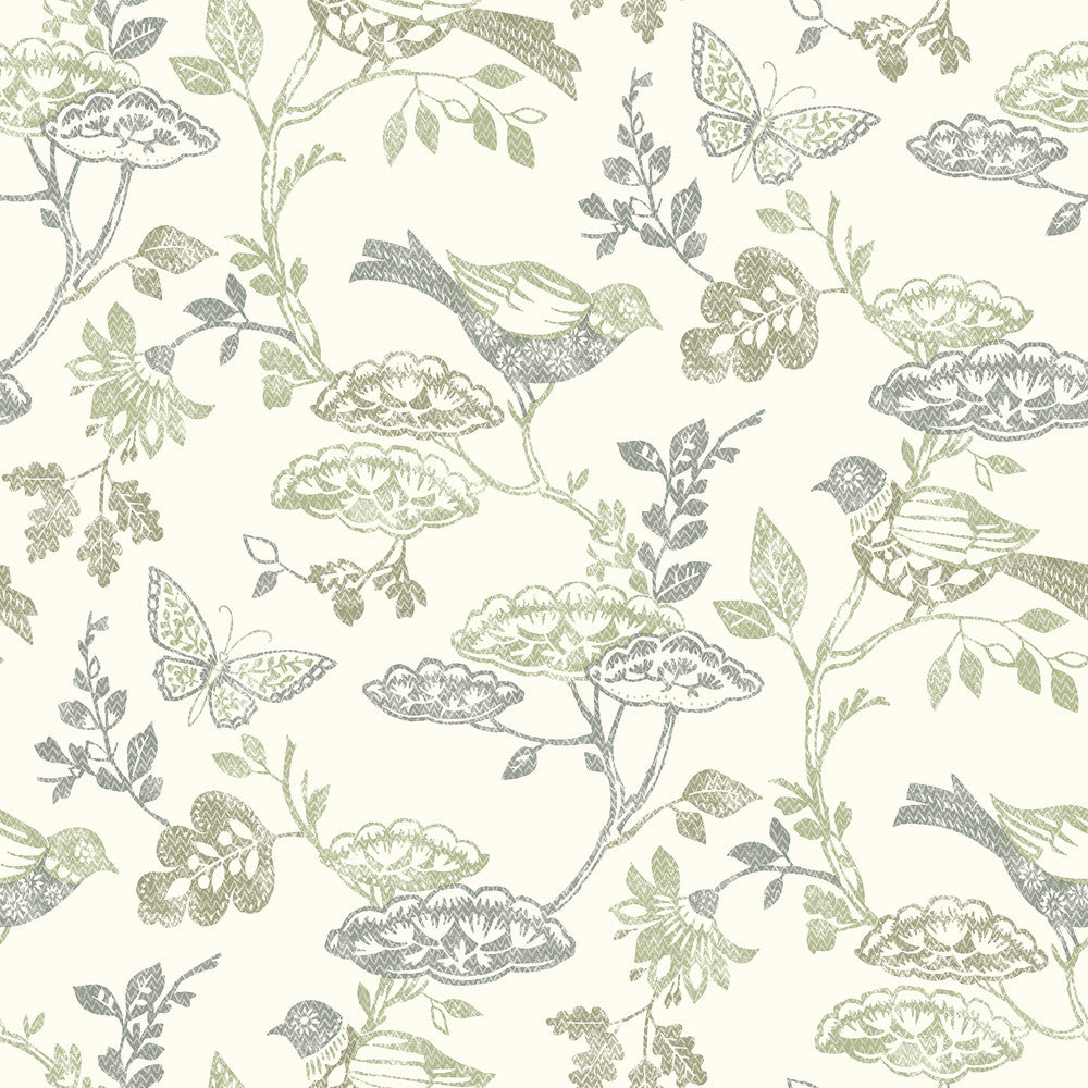 Malmo Green Trail Wallpaper by Chesapeake Kinfolk Covers about 56.4 square feet 20.5-in by 33-ft long roll Prepasted 20.5 - Fabric Carolina -