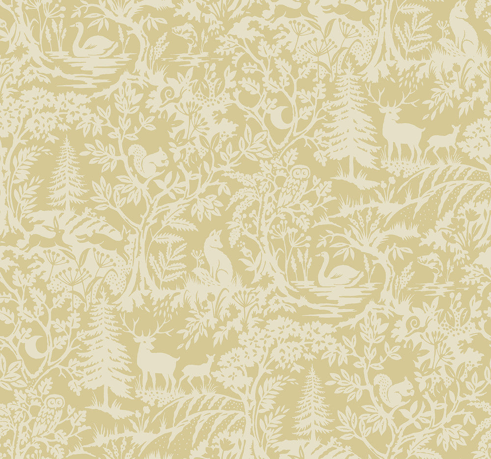 Alrick Mustard Forest Venture Wallpaper by Chesapeake Kinfolk Covers about 60.8 square feet 27-in by 27-ft long roll Prepasted 25.25 - Fabric Carolina -
