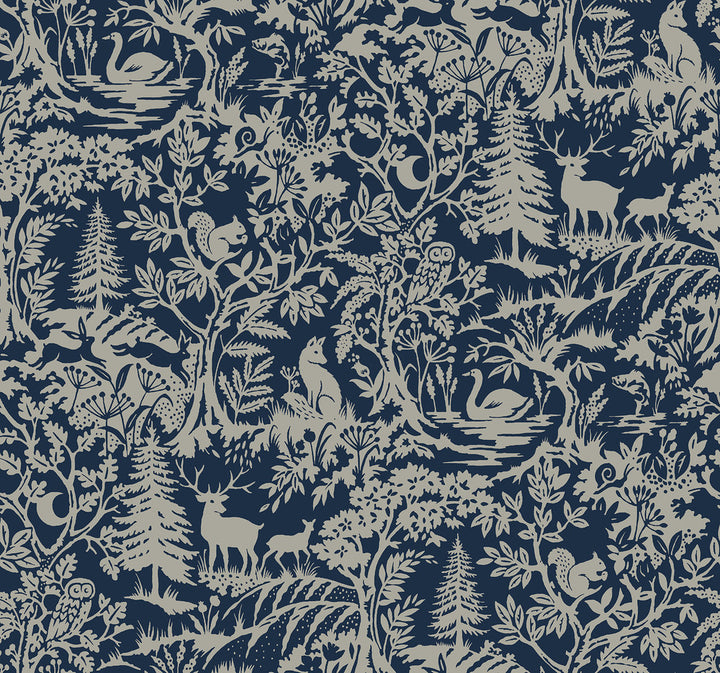 Alrick Navy Forest Venture Wallpaper by Chesapeake Kinfolk Covers about 60.8 square feet 27-in by 27-ft long roll Prepasted 25.25 - Fabric Carolina -