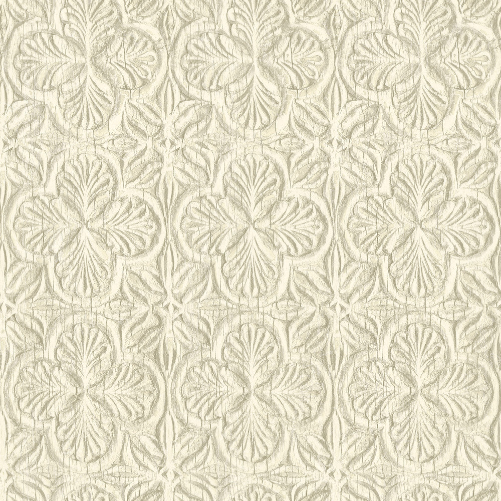 Karachi Cream Wooden Damask Wallpaper by Chesapeake Kinfolk Covers about 56.4 square feet 20.5-in by 33-ft long roll Prepasted 20.5 - Fabric Carolina -