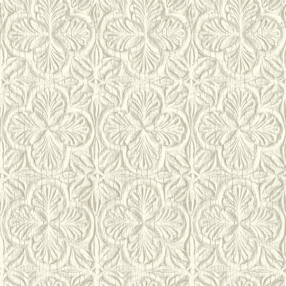Karachi White Wooden Damask Wallpaper by Chesapeake Kinfolk Covers about 56.4 square feet 20.5-in by 33-ft long roll Prepasted 20.5 - Fabric Carolina -