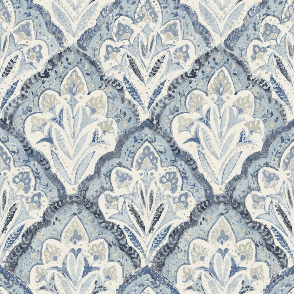 Mimir Blue Quilted Damask Wallpaper by Chesapeake Kinfolk Covers about 56.4 square feet 20.5-in by 33-ft long roll Prepasted 20.5 - Fabric Carolina -