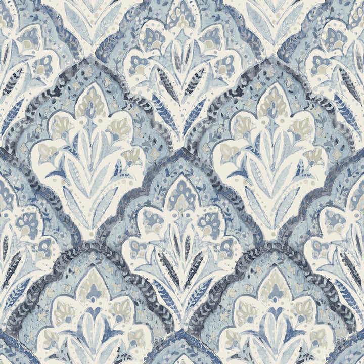 Mimir Blue Quilted Damask Wallpaper by Chesapeake Kinfolk Covers about 56.4 square feet 20.5-in by 33-ft long roll Prepasted 20.5 - Fabric Carolina -