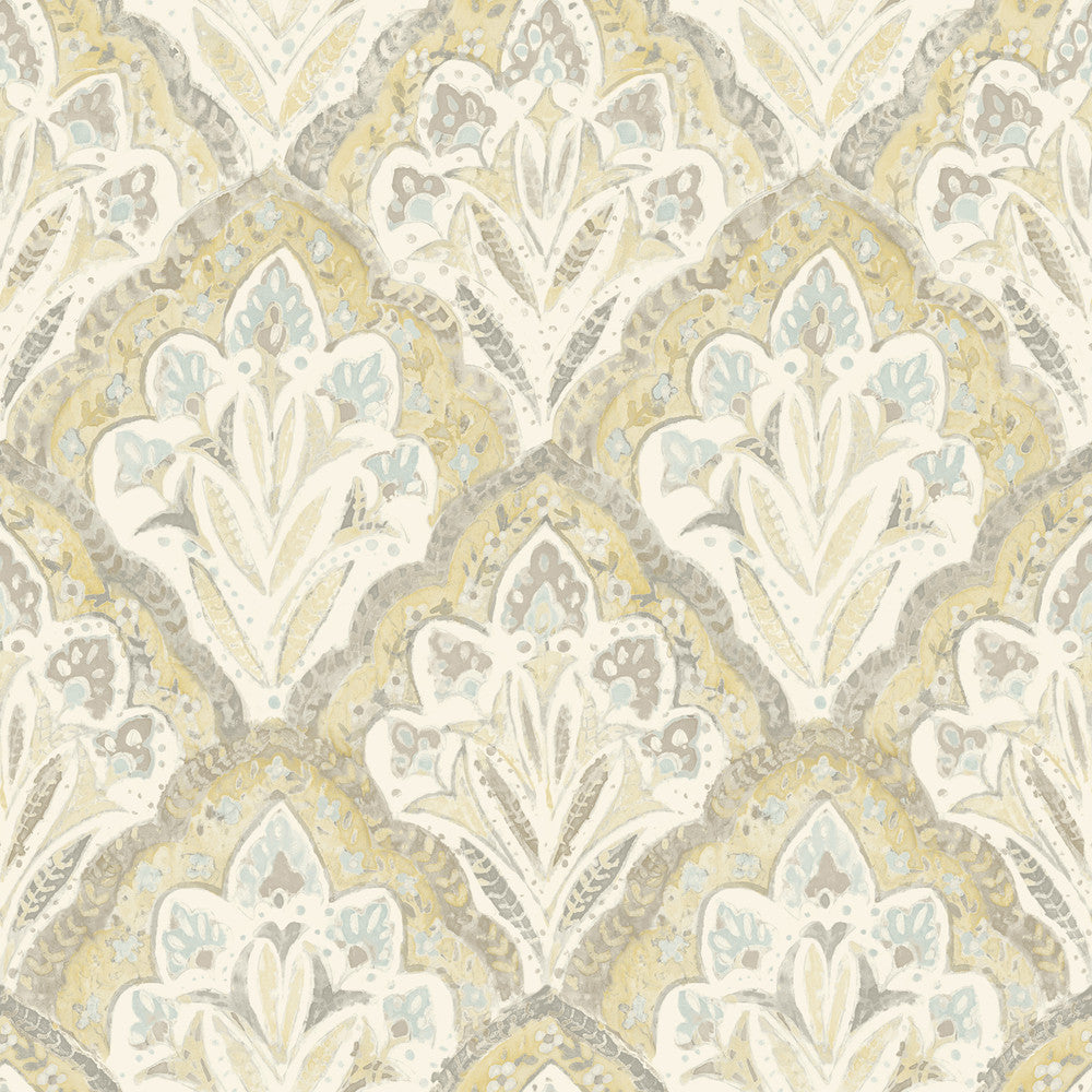 Mimir Mustard Quilted Damask Wallpaper by Chesapeake Kinfolk Covers about 56.4 square feet 20.5-in by 33-ft long roll Prepasted 20.5 - Fabric Carolina -
