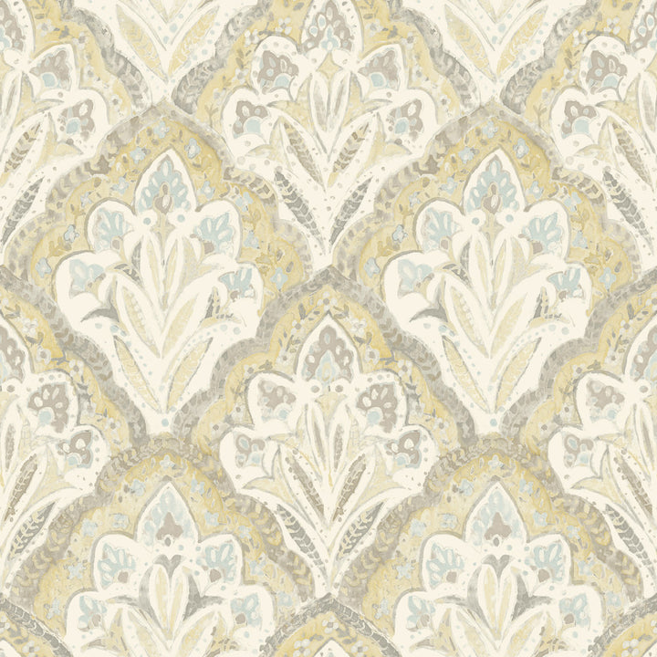 Mimir Mustard Quilted Damask Wallpaper by Chesapeake Kinfolk Covers about 56.4 square feet 20.5-in by 33-ft long roll Prepasted 20.5 - Fabric Carolina -