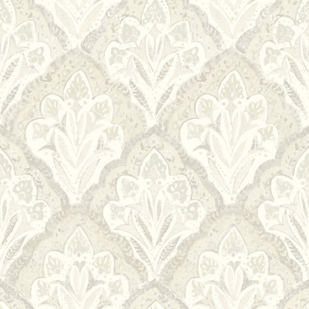 Mimir Dove Quilted Damask Wallpaper by Chesapeake Kinfolk Covers about 56.4 square feet 20.5-in by 33-ft long roll Prepasted 20.5 - Fabric Carolina -