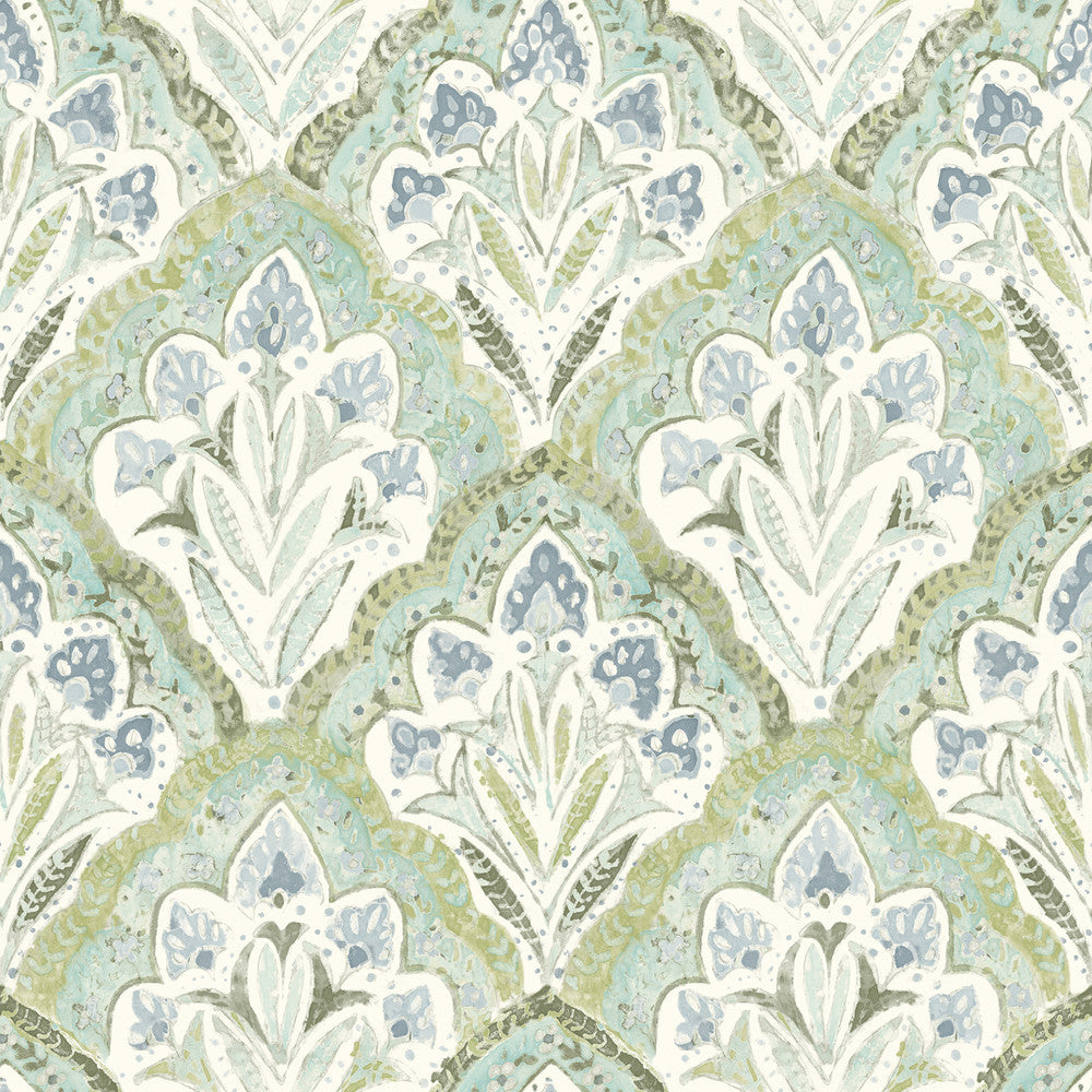Mimir Aquamarine Quilted Damask Wallpaper by Chesapeake Kinfolk Covers about 56.4 square feet 20.5-in by 33-ft long roll Prepasted 20.5 - Fabric Carolina -