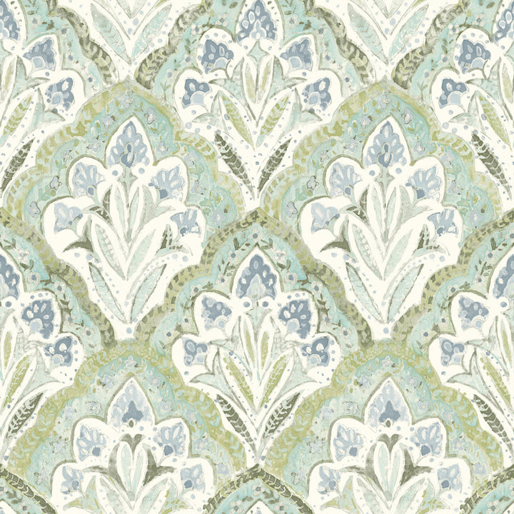 Mimir Aquamarine Quilted Damask Wallpaper by Chesapeake Kinfolk Covers about 56.4 square feet 20.5-in by 33-ft long roll Prepasted 20.5 - Fabric Carolina -