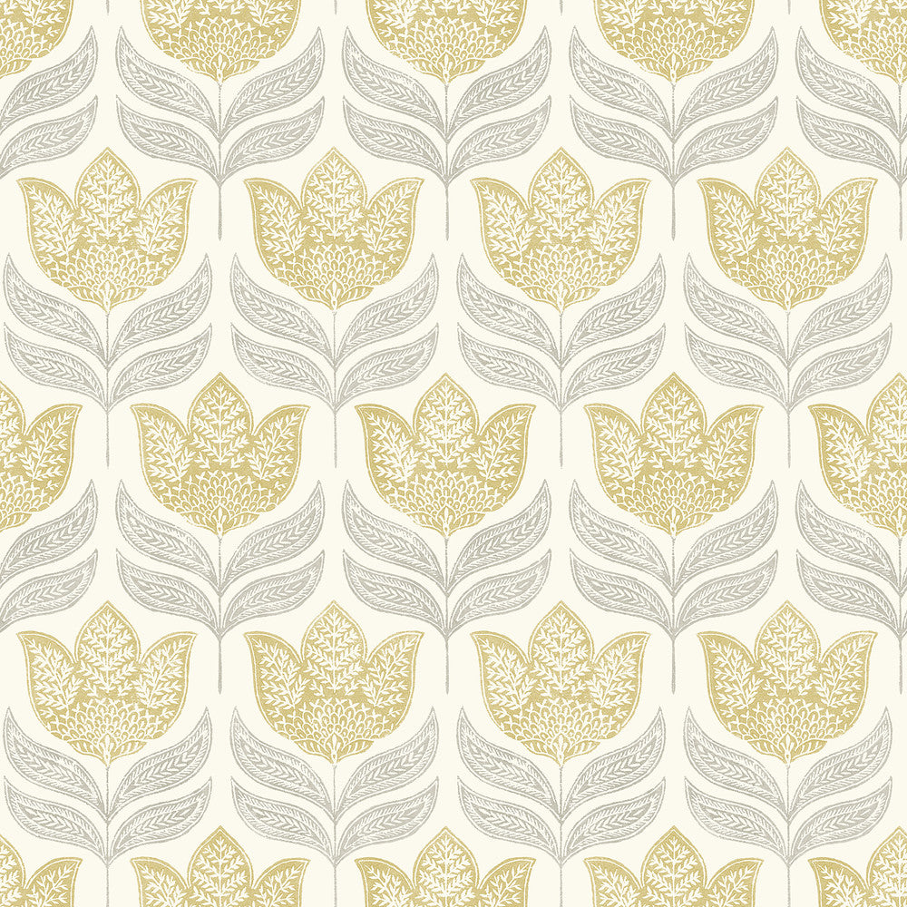 Cathal Mustard Tulip Block Print Wallpaper by Chesapeake Kinfolk Covers about 56.4 square feet 20.5-in by 33-ft long roll Prepasted 10.25 - Fabric Carolina -