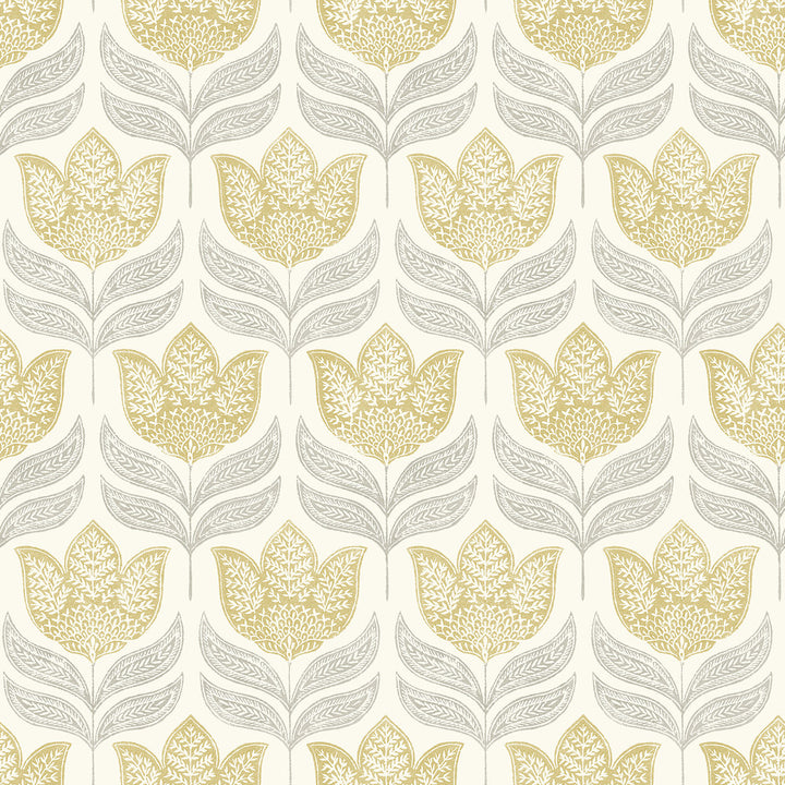 Cathal Mustard Tulip Block Print Wallpaper by Chesapeake Kinfolk Covers about 56.4 square feet 20.5-in by 33-ft long roll Prepasted 10.25 - Fabric Carolina -