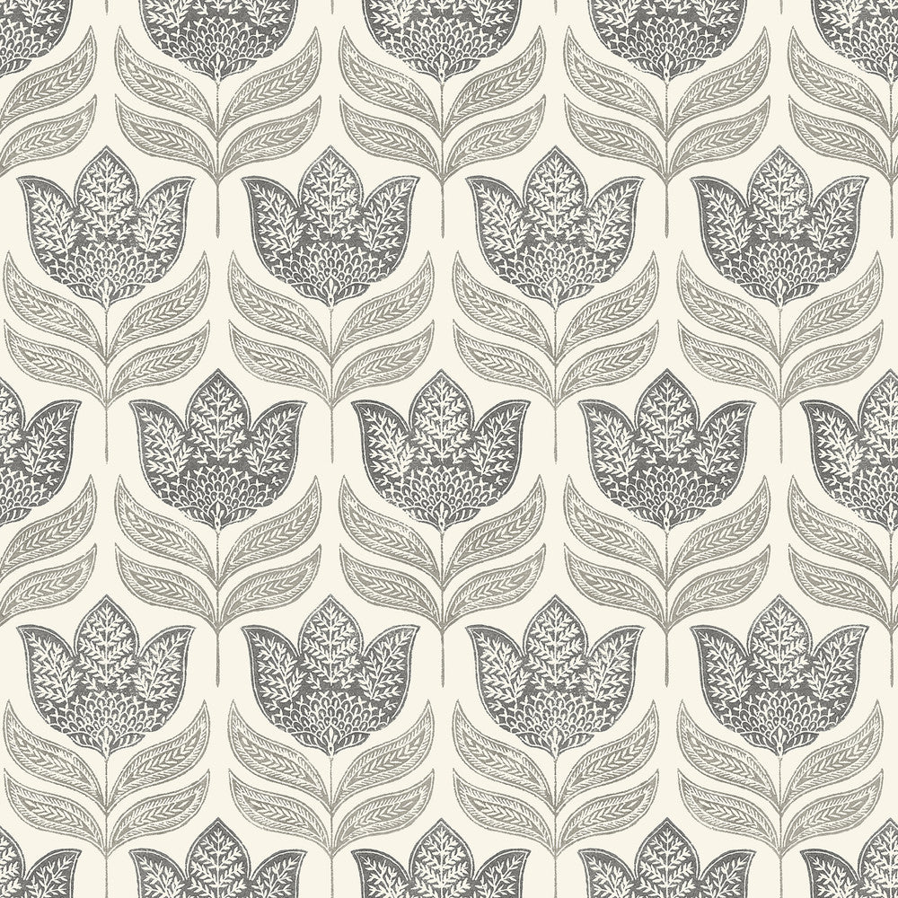 Cathal Charcoal Tulip Block Print Wallpaper by Chesapeake Kinfolk Covers about 56.4 square feet 20.5-in by 33-ft long roll Prepasted 10.25 - Fabric Carolina -