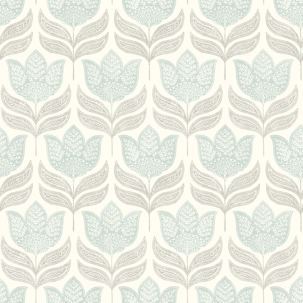 Cathal Aqua Tulip Block Print Wallpaper by Chesapeake Kinfolk Covers about 56.4 square feet 20.5-in by 33-ft long roll Prepasted 10.25 - Fabric Carolina -